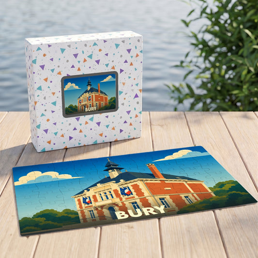 Puzzle souvenir de la ville de Bury illustrant son hôtel de ville dans un style graphique épuré.