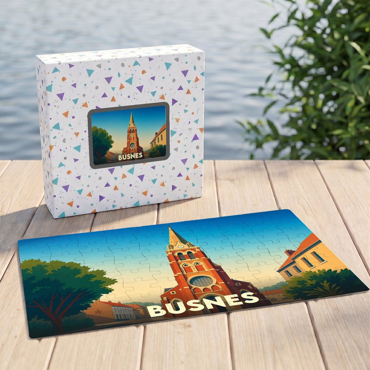 Puzzle souvenir de la ville de Busnes avec une illustration stylisée de son église.