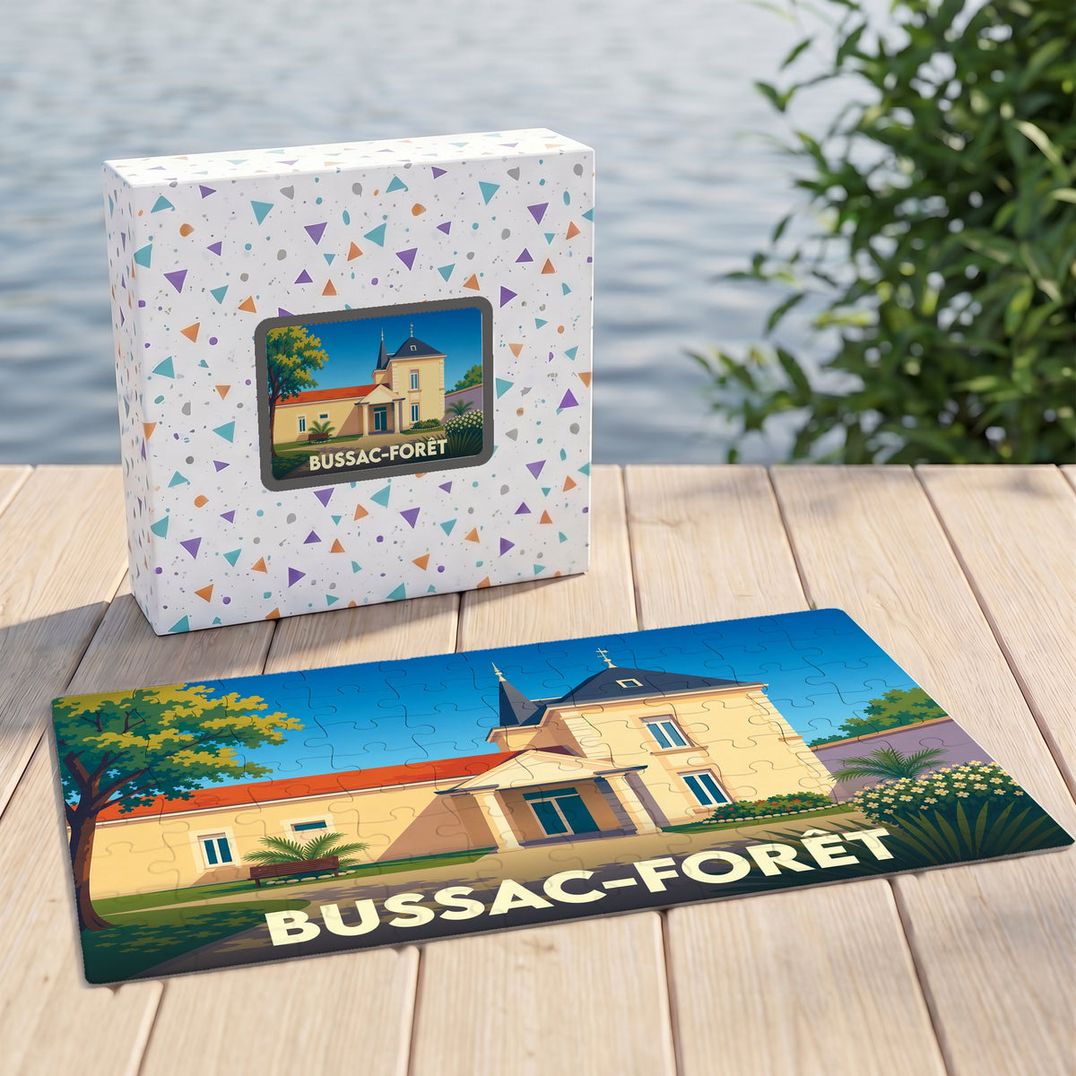 Puzzle souvenir de la ville de Bussac-Forêt avec son carton d'emballage illustré.