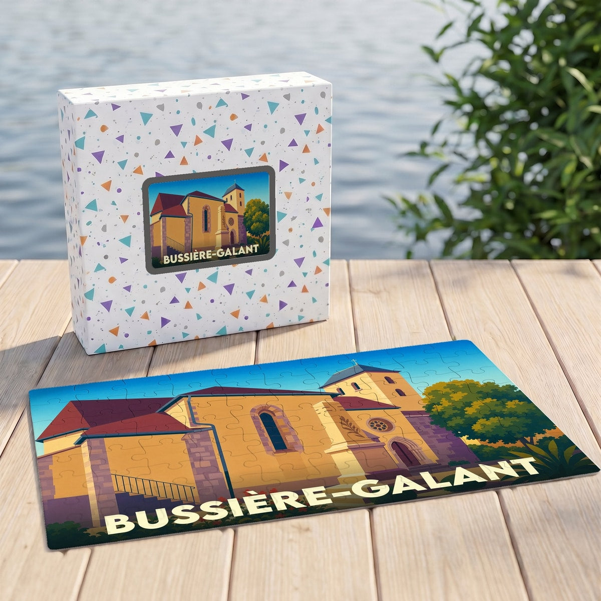 Puzzle souvenir de la ville de Bussière-Galant avec une illustration stylisée et sa boîte assortie.