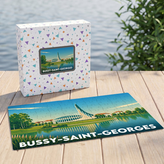 Puzzle souvenir de la ville de Bussy-Saint-Georges illustré par un paysage lacustre stylisé.