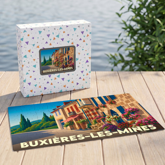 Puzzle souvenir de la ville de Buxières-les-Mines avec une illustration colorée et fleurie d'une rue pittoresque.