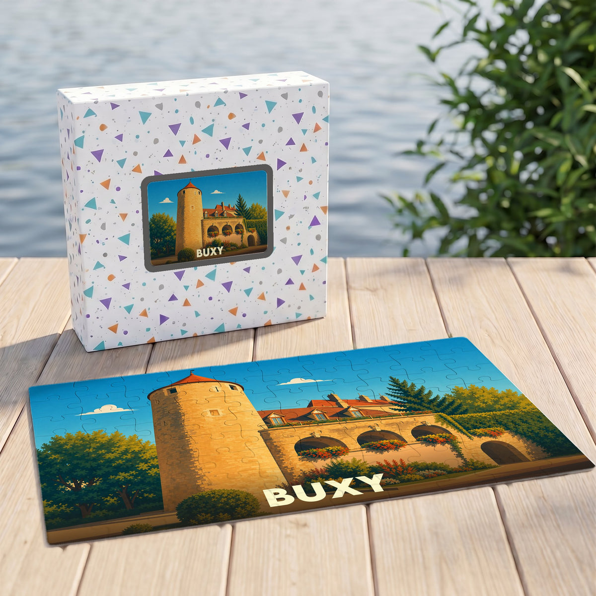Puzzle souvenir de la ville de Buxy illustrant ses remparts sous un ciel bleu.