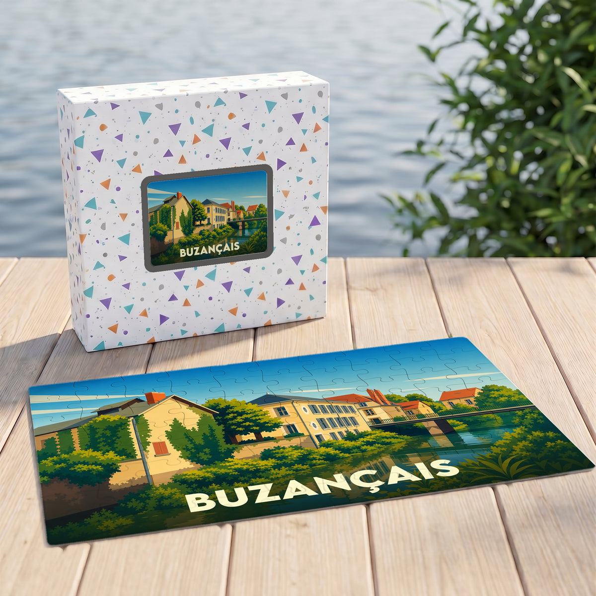 Puzzle souvenir de la ville de Buzançais avec une illustration stylisée d'un paysage urbain au bord de l'eau.