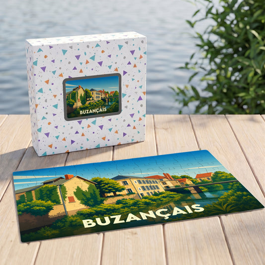 Puzzle souvenir de la ville de Buzançais avec une illustration stylisée d'un paysage urbain au bord de l'eau.