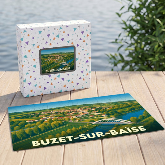 Puzzle souvenir de la ville de Buzet-sur-Baïse avec une illustration stylisée de son paysage et de son pont.