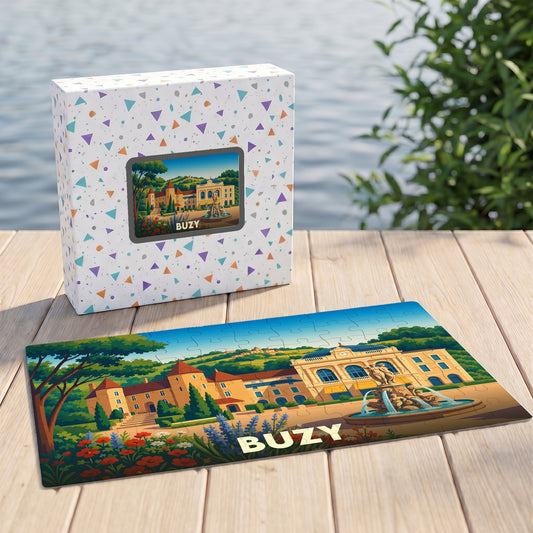 Puzzle souvenir de la ville de Buzy illustré d'un paysage coloré avec son château et sa fontaine.