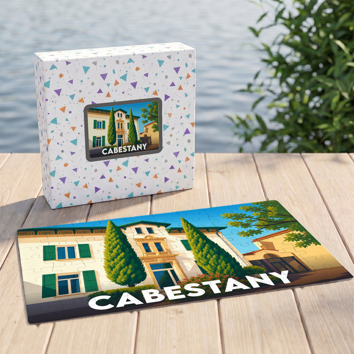 Puzzle souvenir de la ville de Cabestany avec une illustration stylisée d'un bâtiment typique.