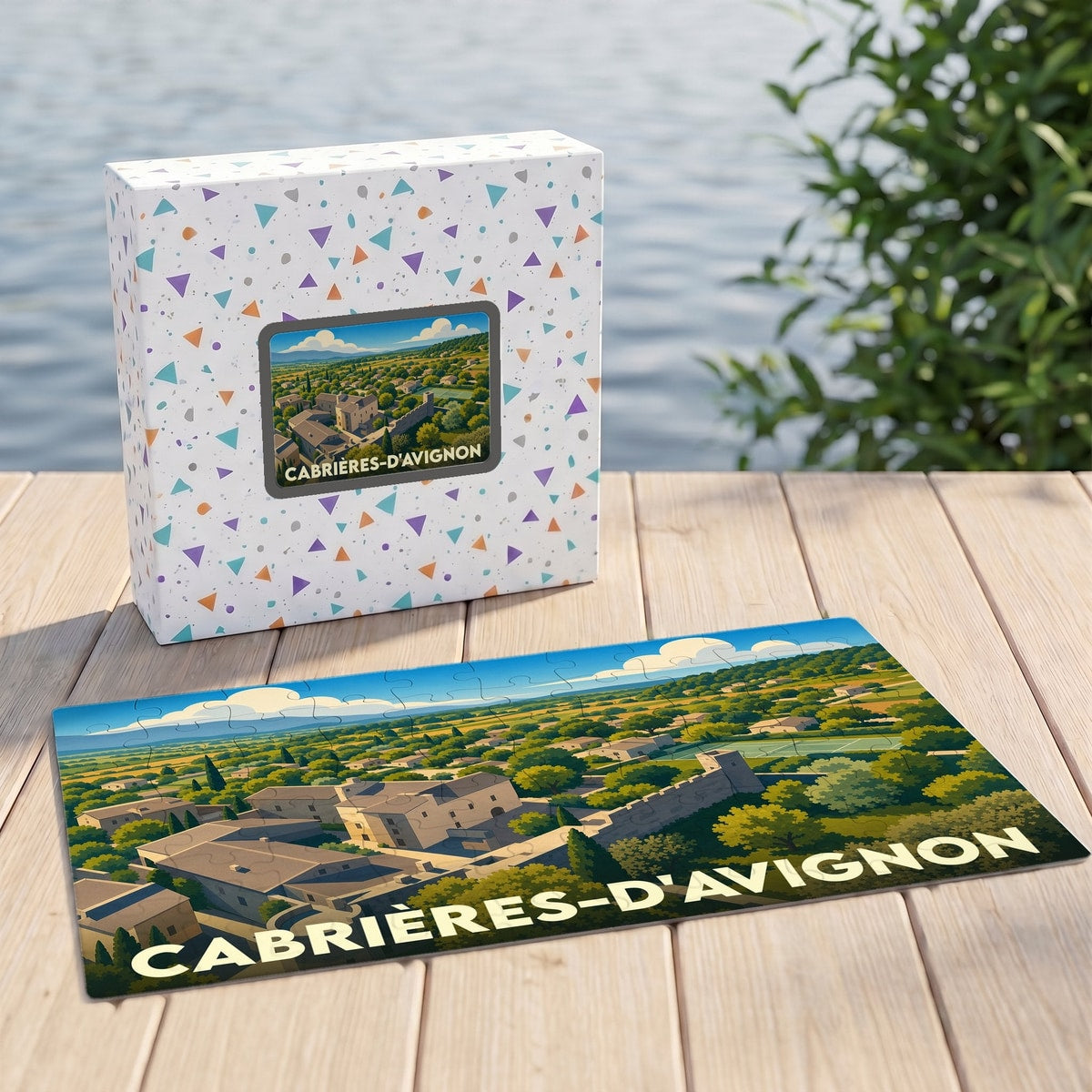 Puzzle souvenir de la ville de Cabrières-d'Avignon illustrant un paysage provençal stylisé.