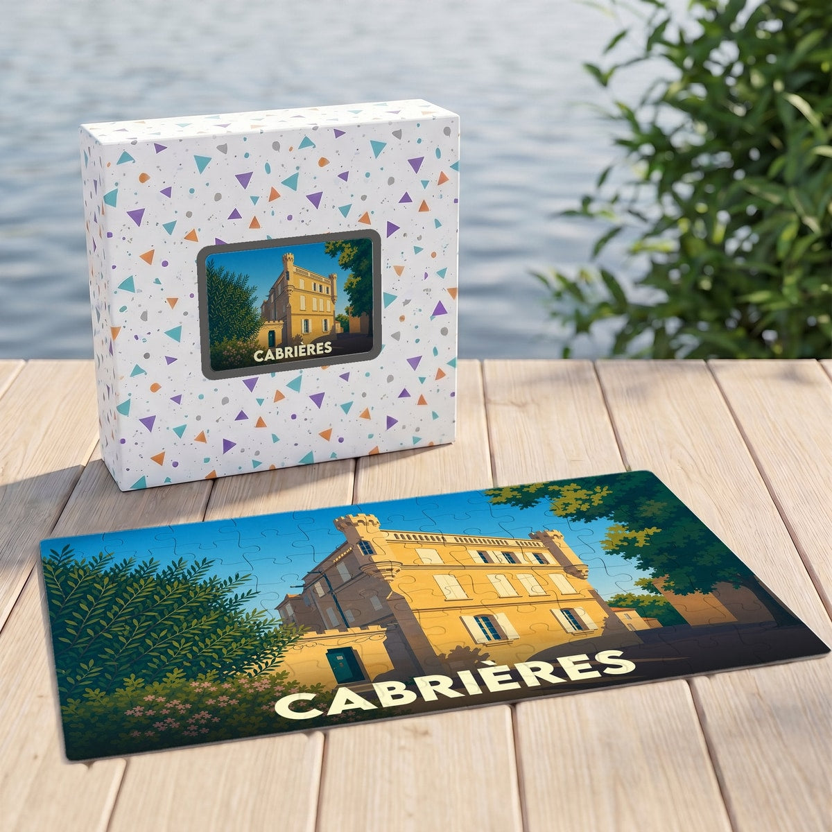 Puzzle souvenir de la ville de Cabrières représentant une illustration stylisée d'un bâtiment historique.
