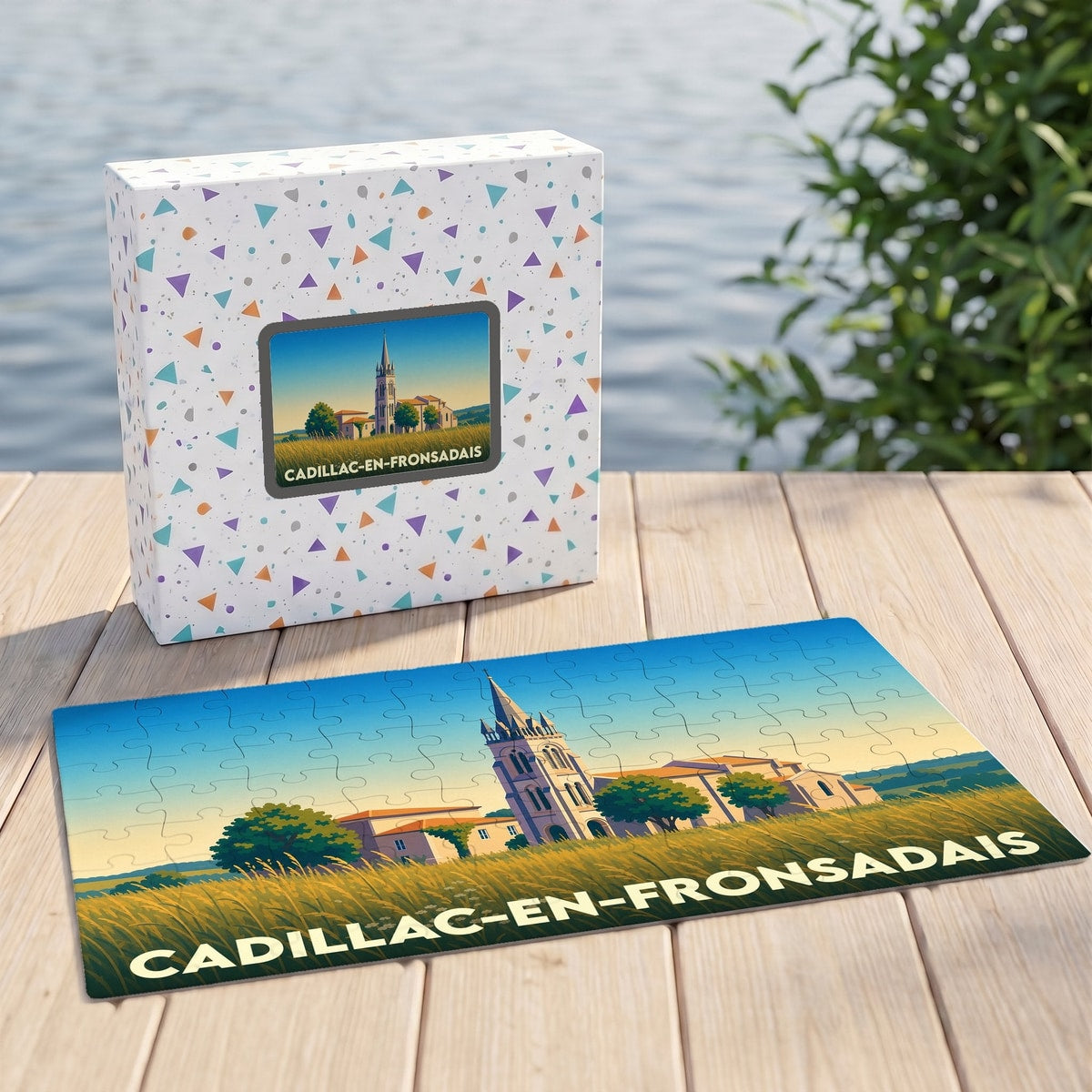 Puzzle souvenir de la ville de Cadillac-en-Fronsadais avec une illustration stylisée de son église et de ses paysages.