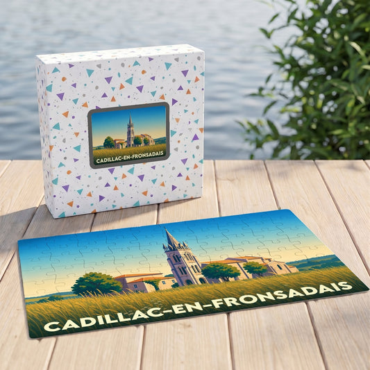 Puzzle souvenir de la ville de Cadillac-en-Fronsadais avec une illustration stylisée de son église et de ses paysages.