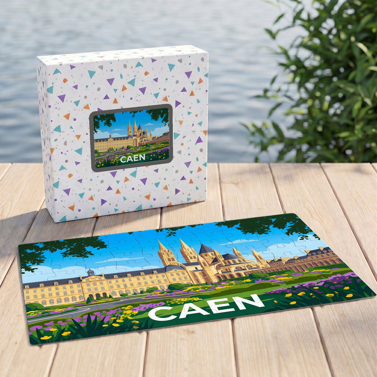 Puzzle souvenir de la ville de Caen avec une illustration stylisée de l'Abbaye aux Hommes.