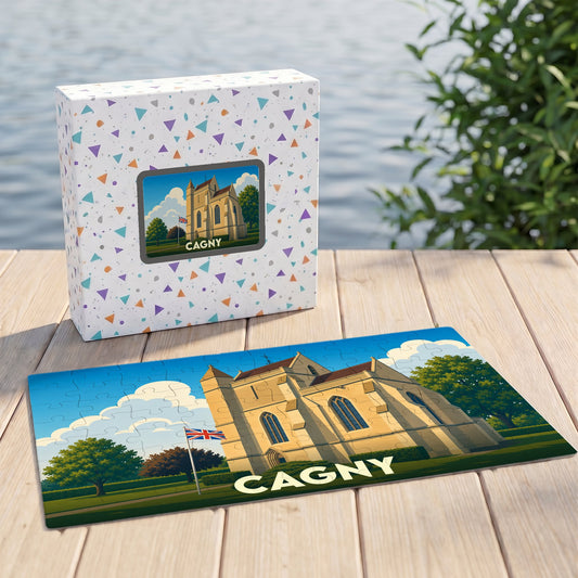 Puzzle souvenir de la ville de Cagny avec une illustration stylisée de son église et de son nom.