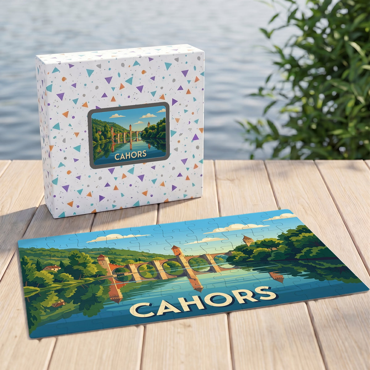 Puzzle souvenir de la ville de Cahors avec une illustration stylisée du pont Valentré.