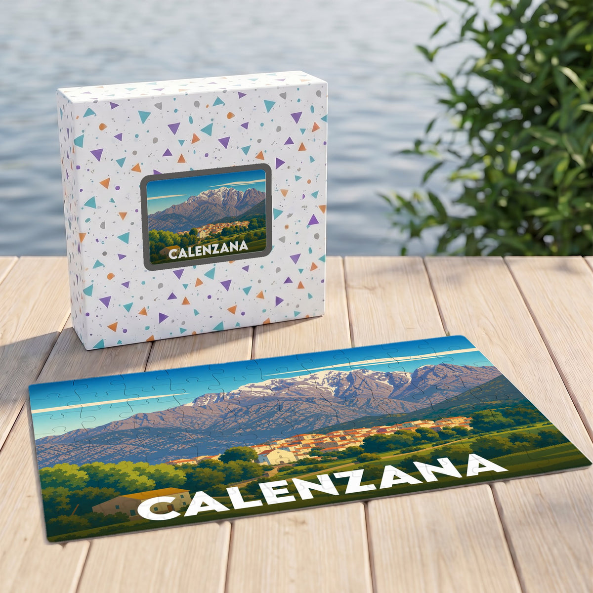 Puzzle souvenir de la ville de Calenzana illustrant un paysage montagneux stylisé.
