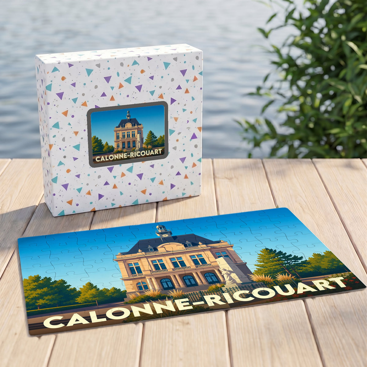 Puzzle souvenir de la ville de Calonne-Ricouart accompagné de sa boîte illustrée d'un dessin stylisé de l'hôtel de ville.