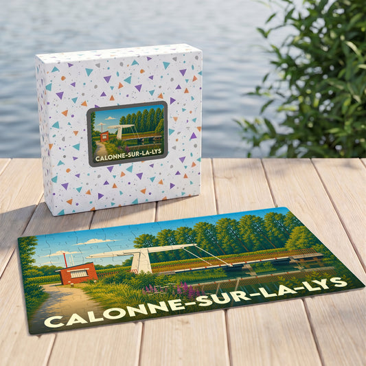 Puzzle souvenir de la ville de Calonne-sur-la-Lys représentant son pont-levis avec une illustration stylisée.