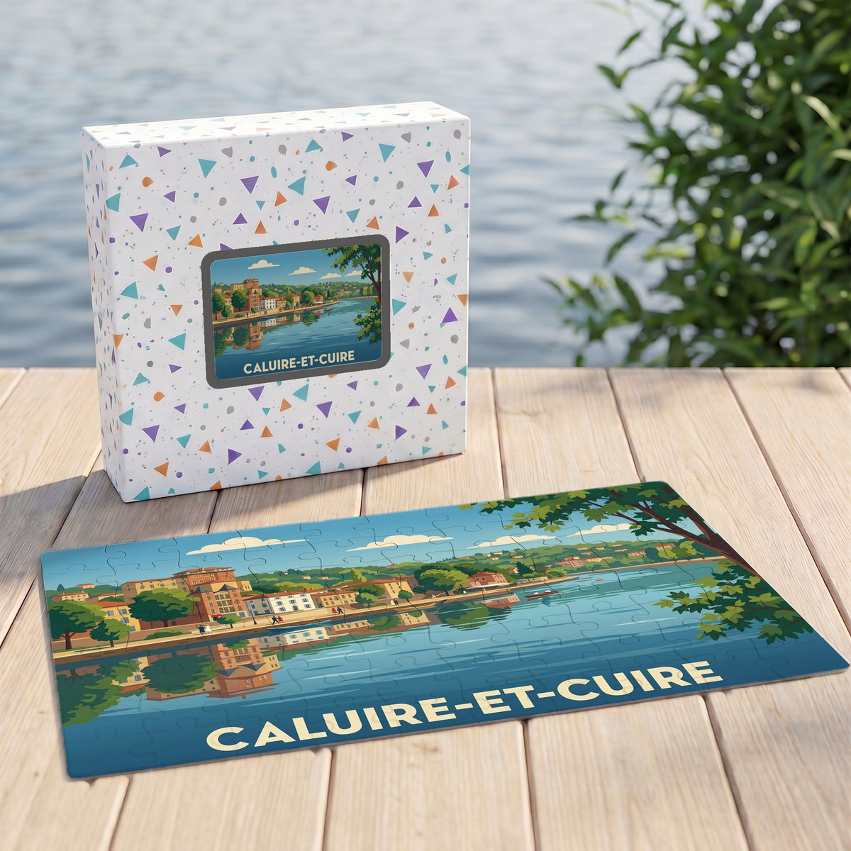 Puzzle souvenir de la ville de Caluire-et-Cuire avec une illustration stylisée des bords de Saône.