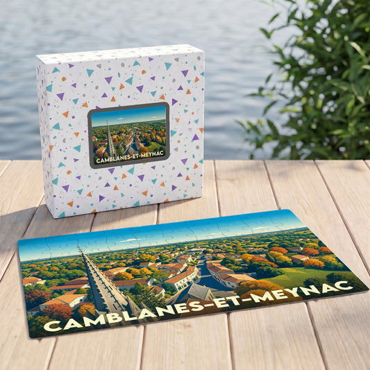 Puzzle souvenir de la ville de Camblanes-et-Meynac illustré par une vue aérienne stylisée.