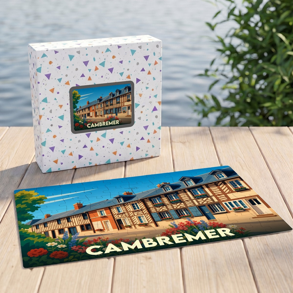 Puzzle souvenir de la ville de Cambremer avec une illustration stylisée de maisons à colombages.