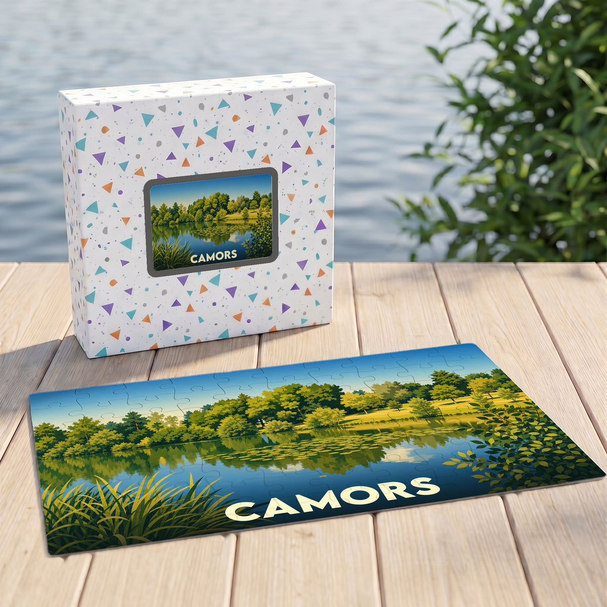 Puzzle souvenir de la ville de Camors avec une illustration stylisée d'un étang boisé.