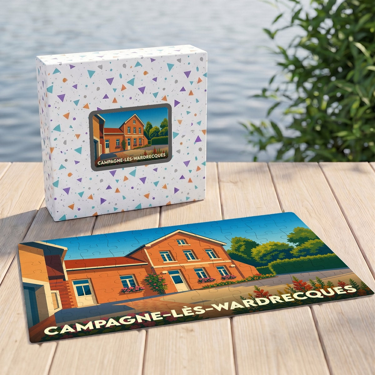 Puzzle souvenir de la ville de Campagne-lès-Wardrecques avec une illustration stylisée d'un bâtiment traditionnel.
