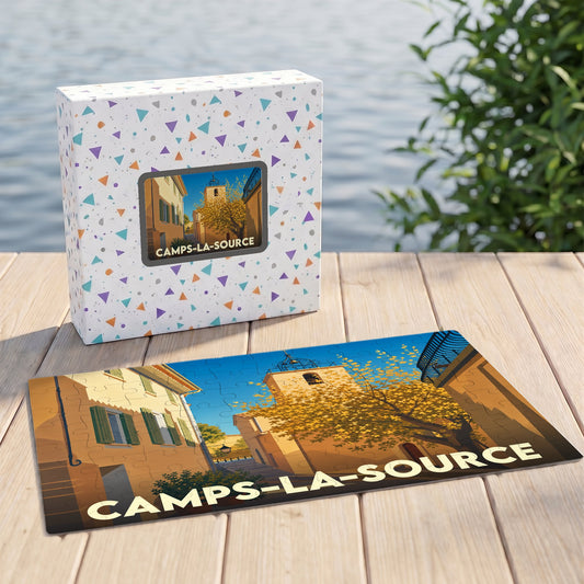 Puzzle souvenir de la ville de Camps-la-Source avec une illustration stylisée.