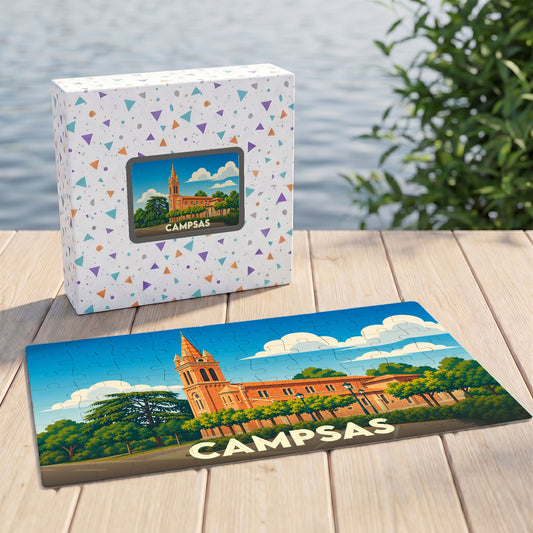 Puzzle souvenir de la ville de Campsas avec une illustration stylisée de son église et de son paysage.