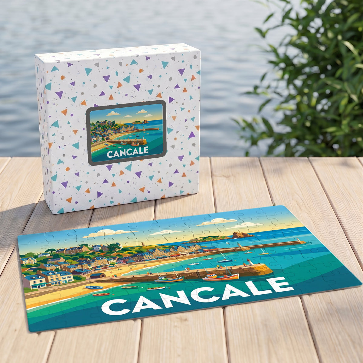 Puzzle souvenir de la ville de Cancale avec une illustration stylisée du port et du littoral.