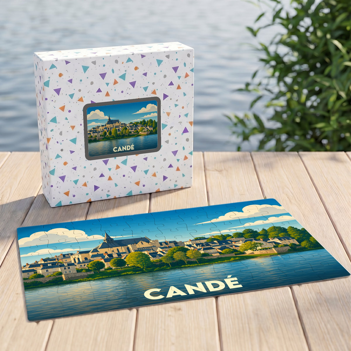 Puzzle souvenir de la ville de Candé avec une illustration stylisée des bords de l'Erdre.