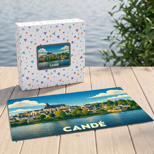 Puzzle souvenir de la ville de Candé avec une illustration stylisée des bords de l'Erdre.
