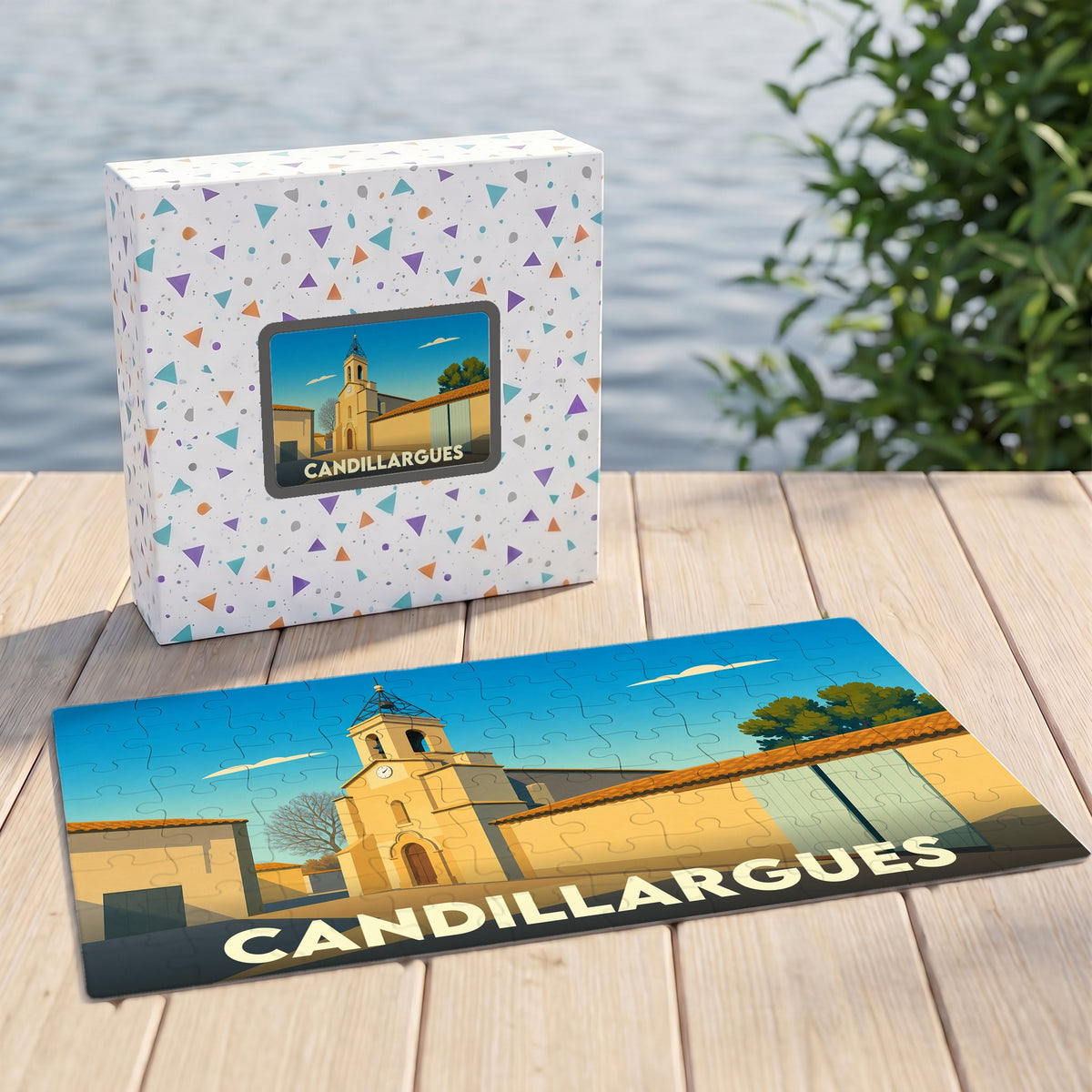 Puzzle souvenir de la ville de Candillargues avec une illustration stylisée et colorée.