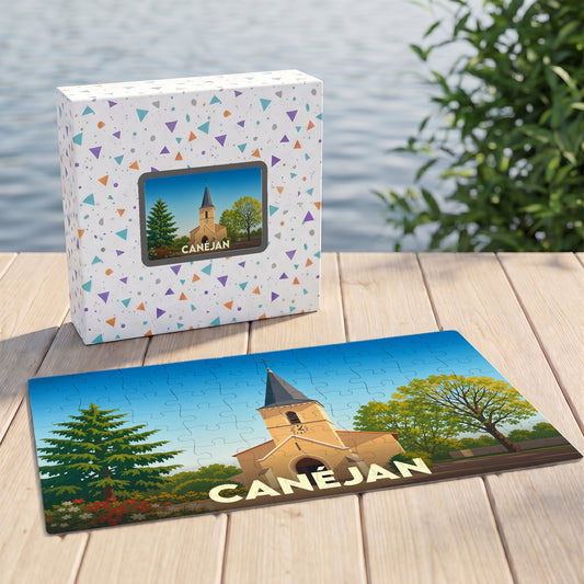 Puzzle souvenir de la ville de Canéjan avec une illustration stylisée de son église.