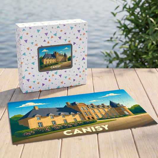 Puzzle souvenir de la ville de Canisy avec une illustration stylisée d'un château.