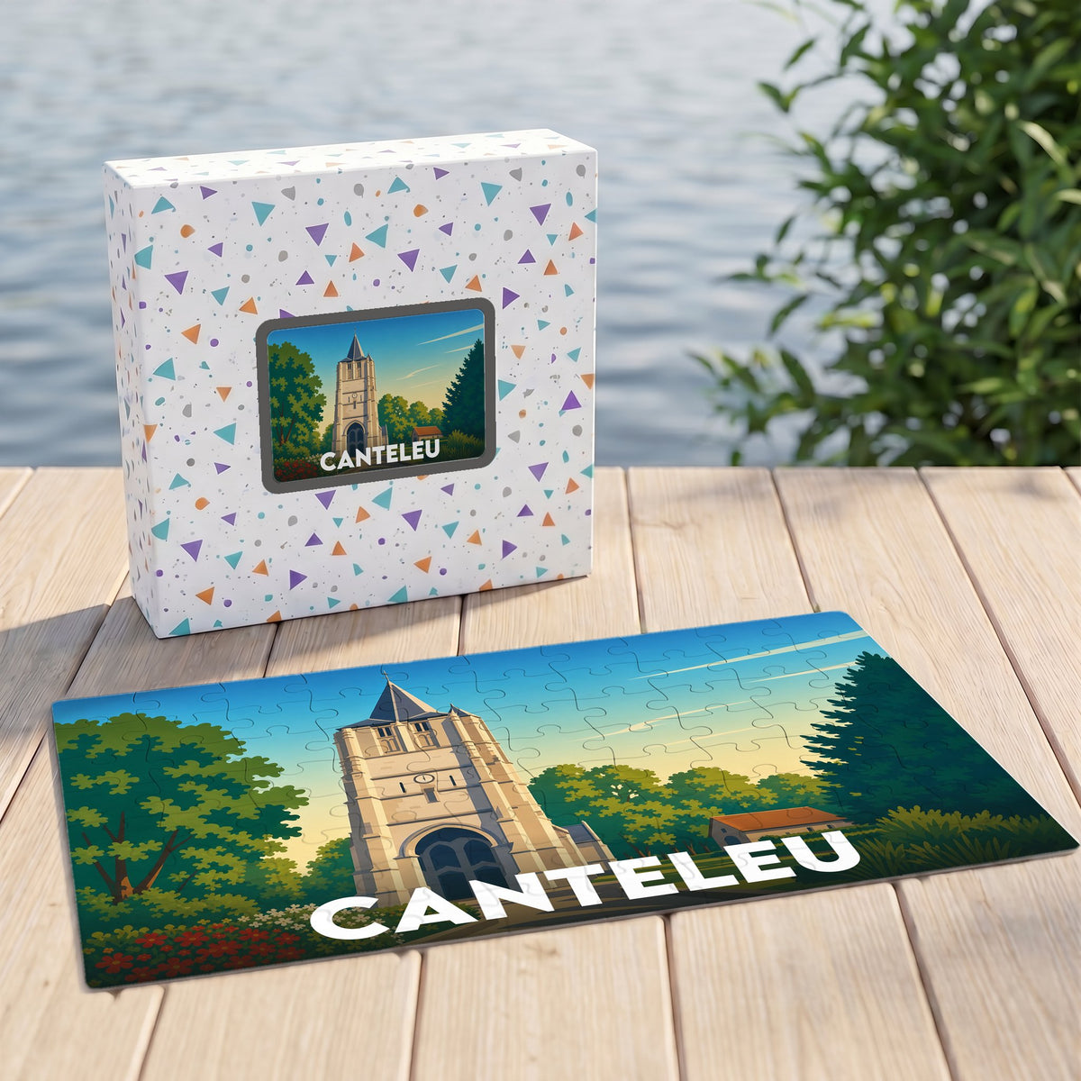 Puzzle souvenir de la ville de Canteleu avec une illustration stylisée d'un clocher.