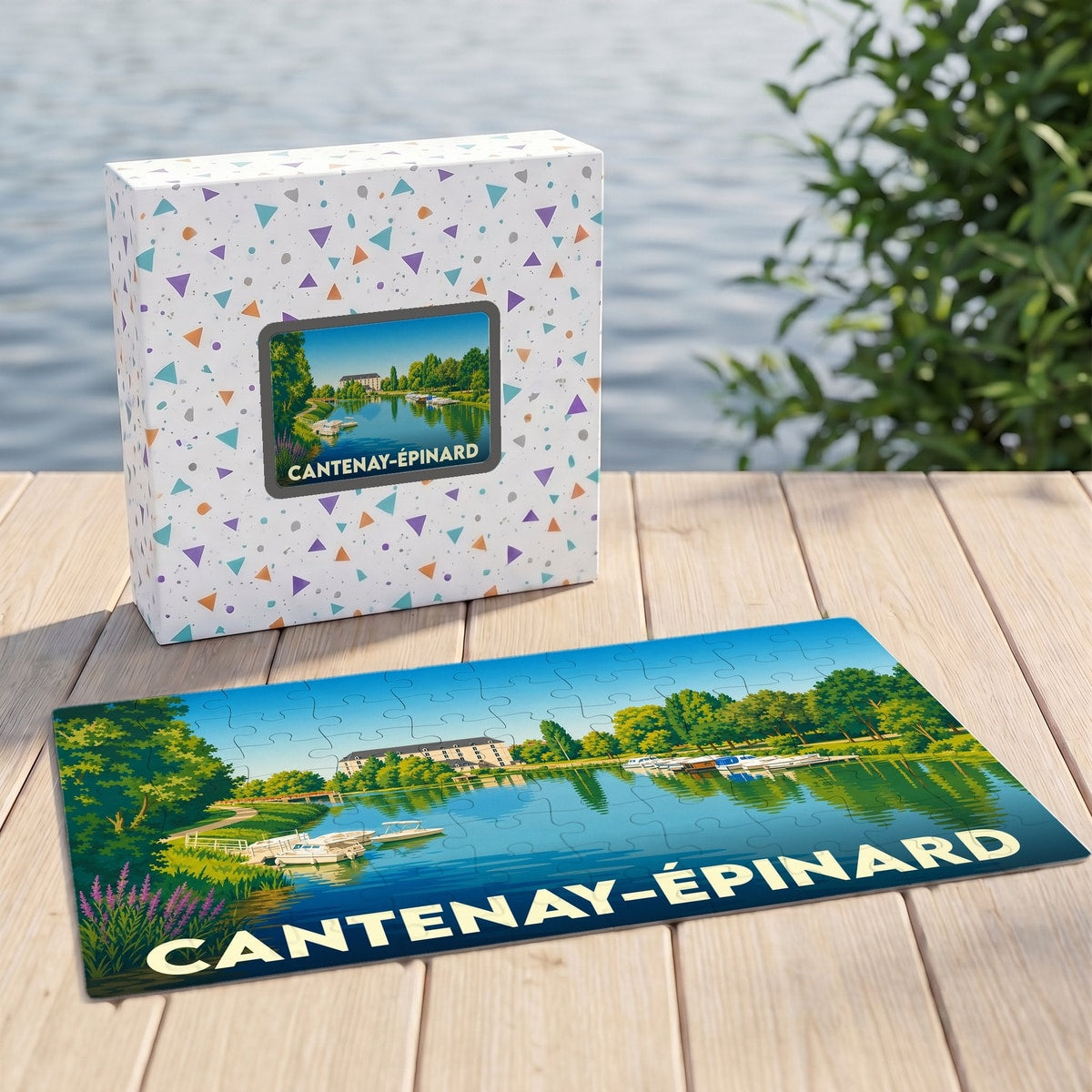 Puzzle souvenir de la ville de Cantenay-Épinard avec une illustration paysagère stylisée.