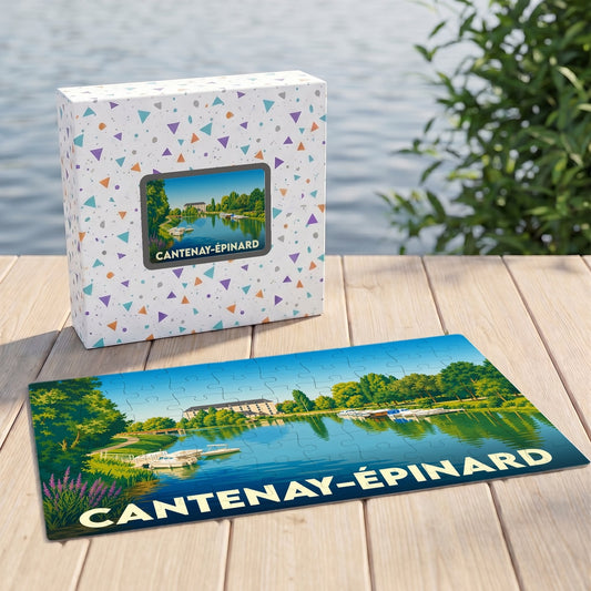Puzzle souvenir de la ville de Cantenay-Épinard avec une illustration paysagère stylisée.