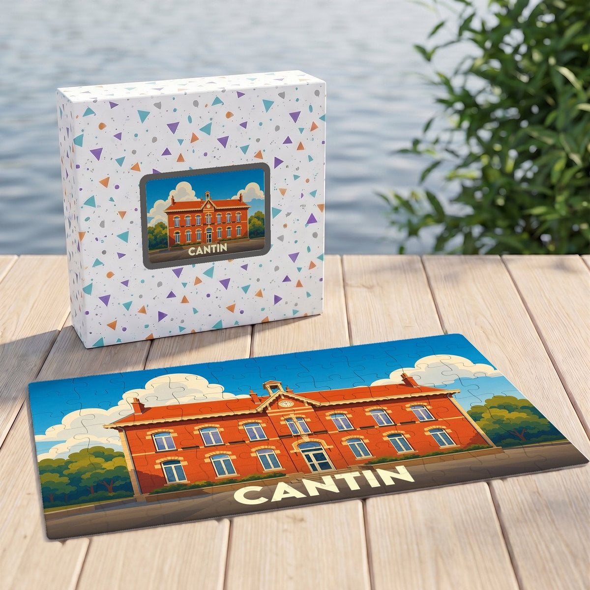 Puzzle souvenir de la ville de Cantin avec une illustration stylisée d'un bâtiment en briques rouges.