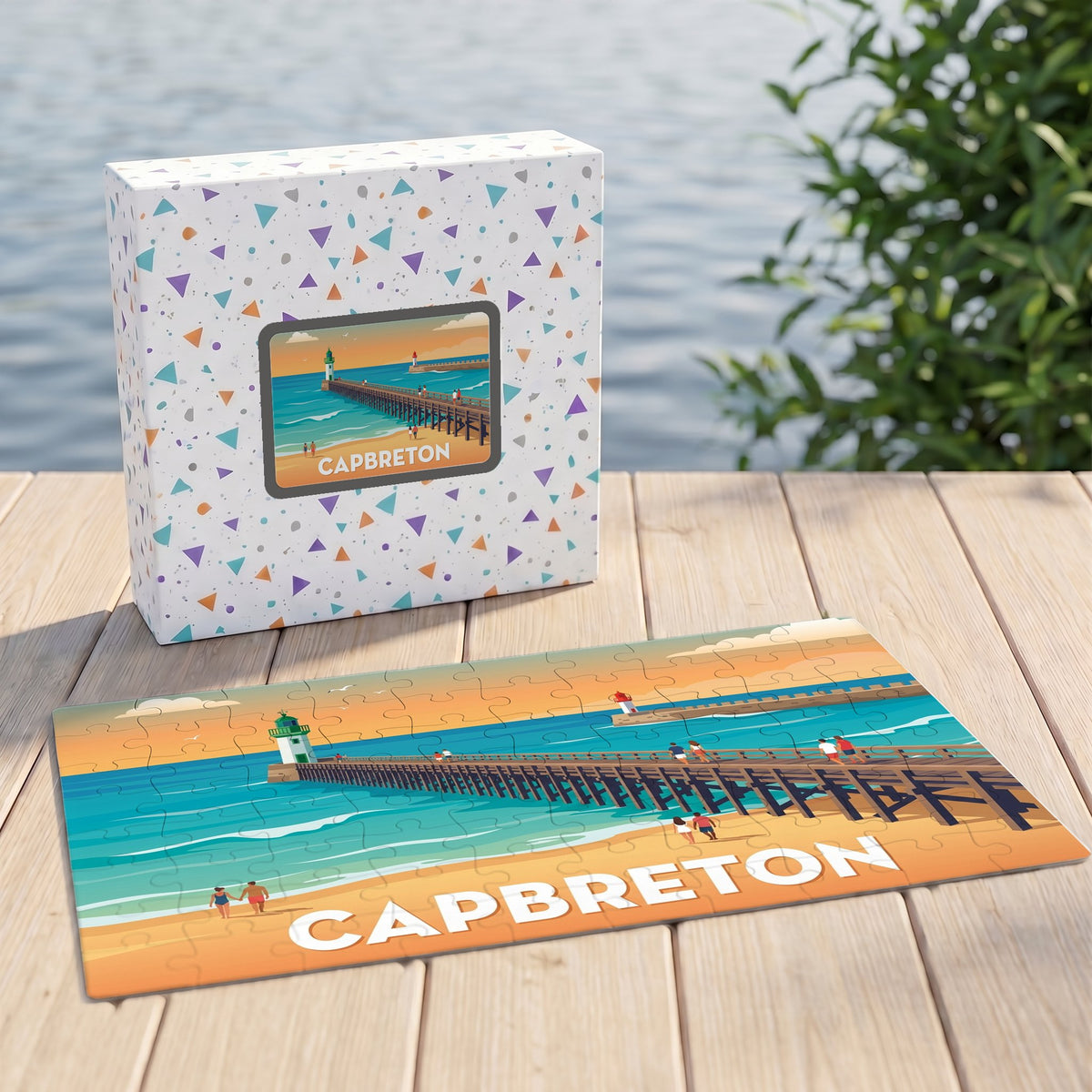 Puzzle souvenir de la ville de Capbreton représentant son emblématique estacade avec une illustration stylisée.