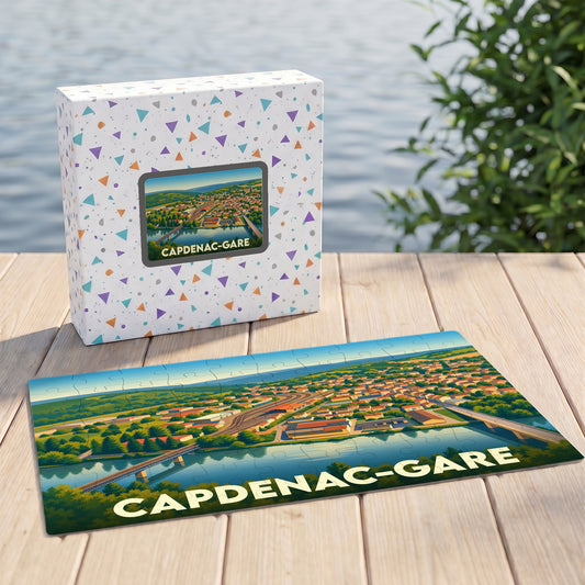 Puzzle souvenir de la ville de Capdenac-Gare avec une illustration stylisée et colorée.