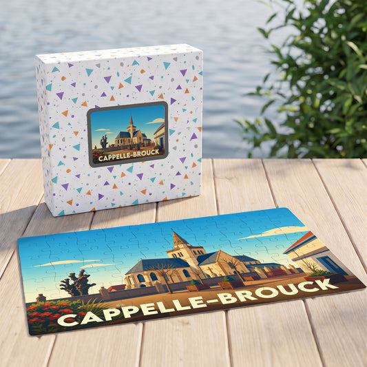 Puzzle souvenir de la ville de Cappelle-Brouck avec une illustration stylisée de son église.