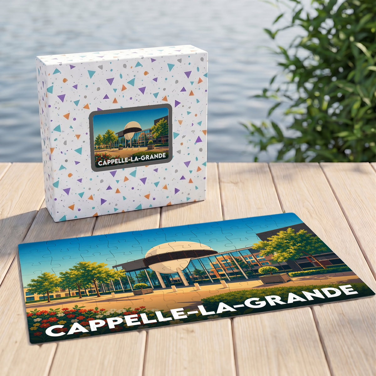 Puzzle souvenir de la ville de Cappelle-la-Grande avec une illustration stylisée et colorée de son architecture.