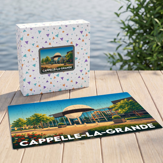Puzzle souvenir de la ville de Cappelle-la-Grande avec une illustration stylisée et colorée de son architecture.