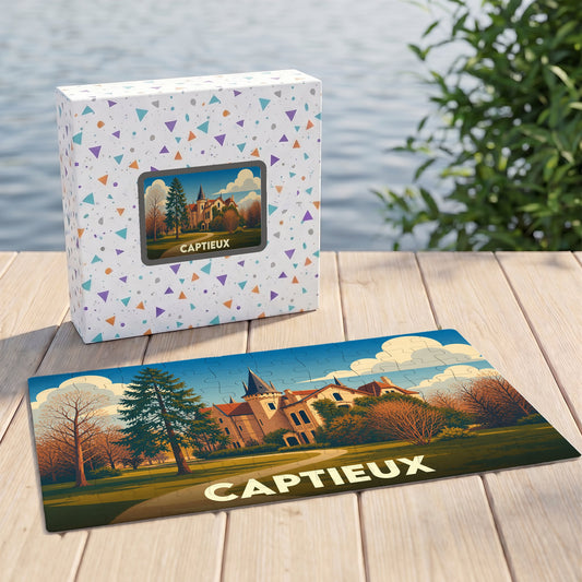 Puzzle souvenir de la ville de Captieux avec une illustration stylisée d'un château.