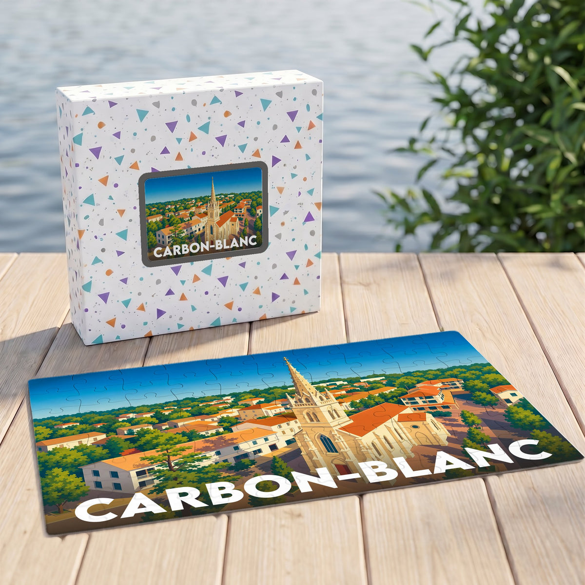 Puzzle souvenir de la ville de Carbon-Blanc avec une illustration stylisée et colorée.