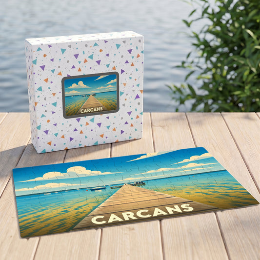 Puzzle souvenir de la ville de Carcans représentant un ponton sur le lac avec une illustration stylisée.