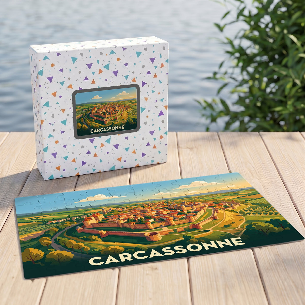 Puzzle souvenir de la ville de Carcassonne présentant une illustration stylisée de la cité médiévale.