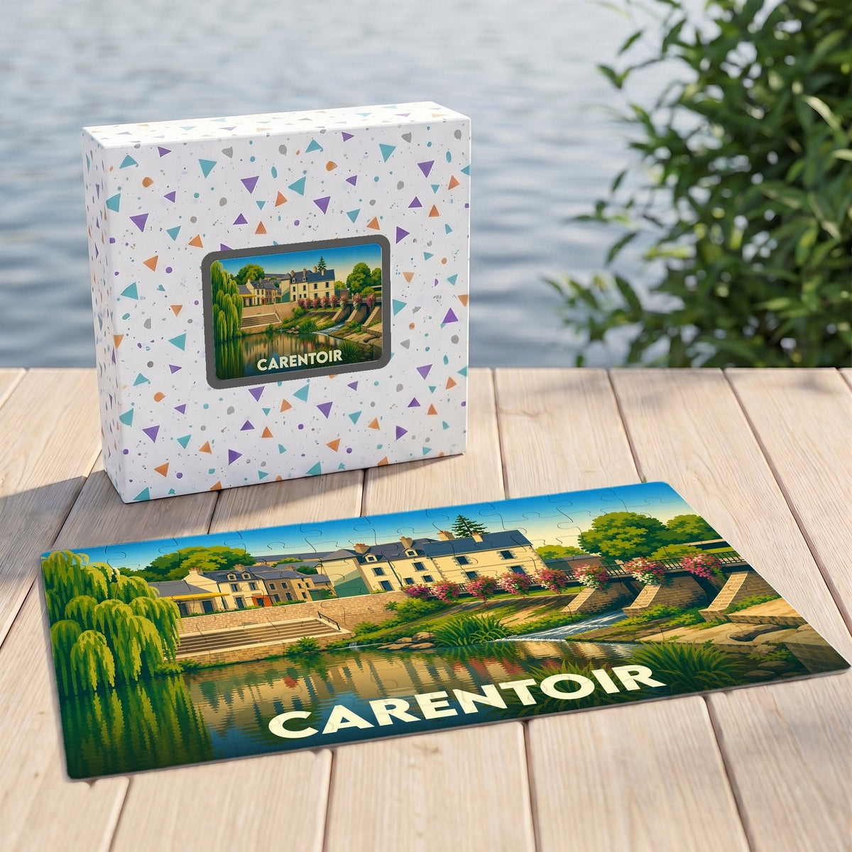 Puzzle souvenir de la ville de Carentoir avec une illustration stylisée d'un paysage urbain au bord de l'eau.