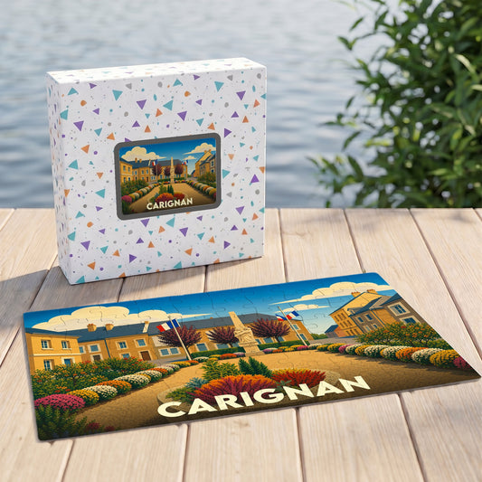 Puzzle souvenir de la ville de Carignan avec une illustration colorée de sa place principale.